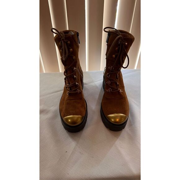 Michael Kors womens Suede Leather Chunky Heel Ankle Boots Brown Gold Size 9.5 - Picture 3 of 15